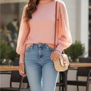 CeCe Peach Blouse with Sheer Polka Dot Sleeves